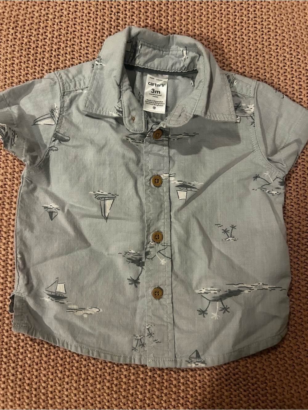 Carter’s Baby Boy 3M Blue Sailboat Ocean Print Short Sleeve Button Down Shirt
